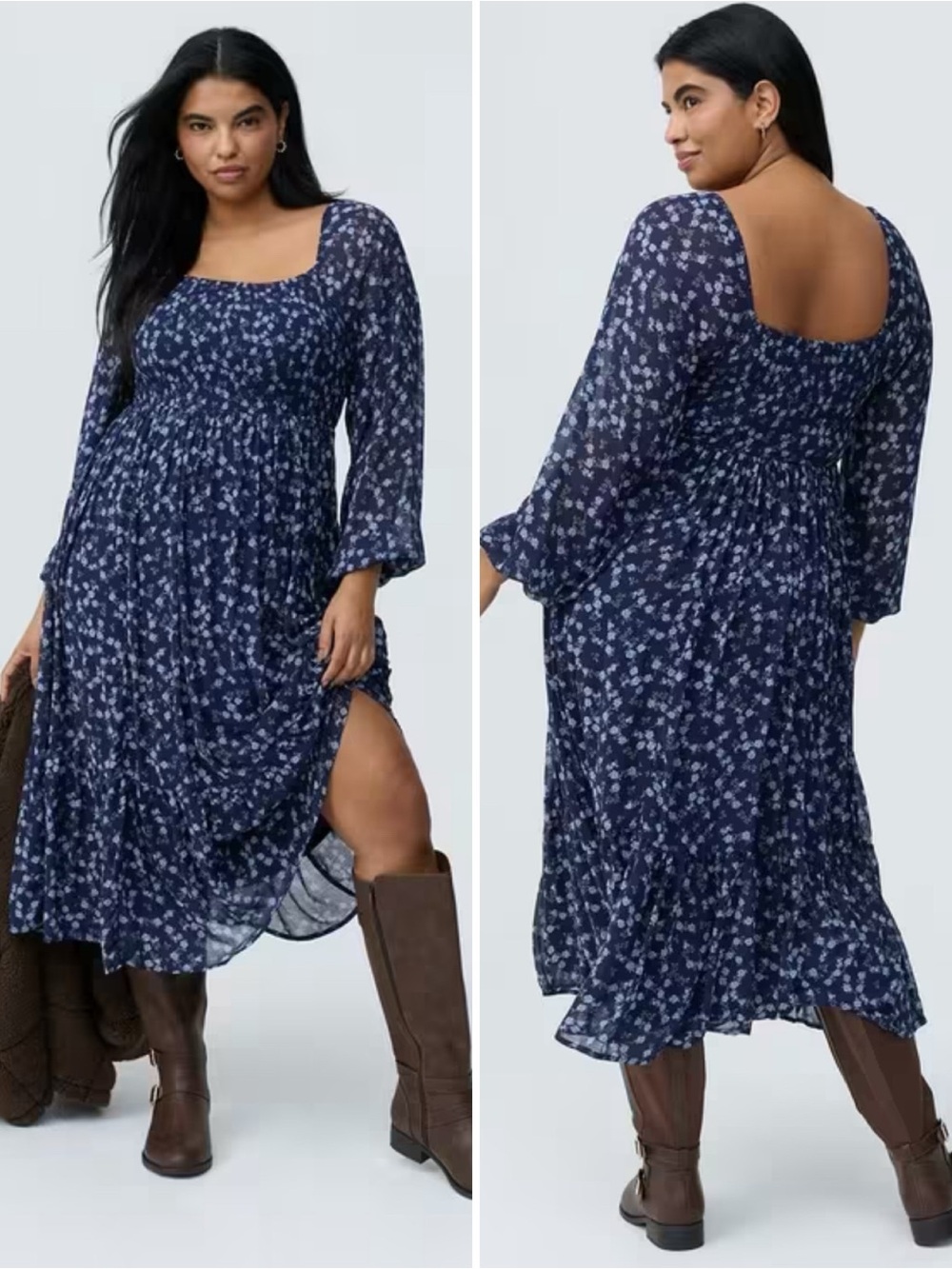 Torrid Dress Size 5 5X Navy Blue Floral Smocked Bodice Chiffon Midi Maxi